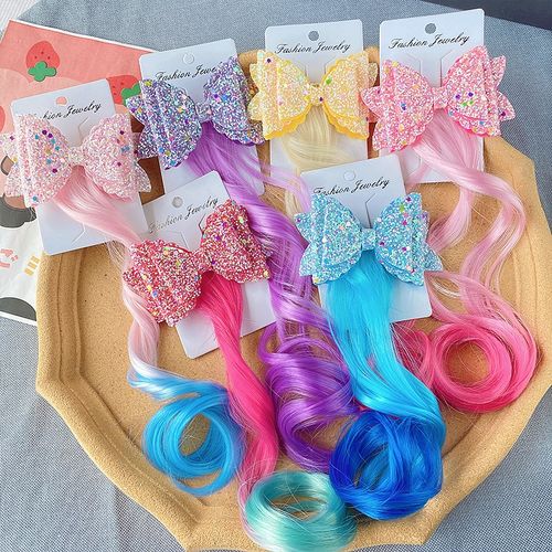 儿童假发发饰格利特蝴蝶结发夹女童表演渐变色卷发发卡编发彩绳辫
