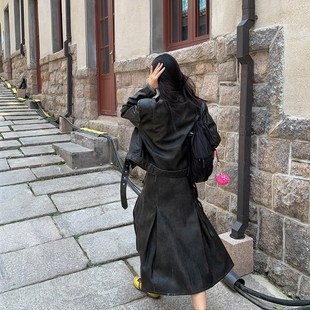 洛边 复古做旧PU皮磨边皮衣机车夹克外套半身皮裙两件套 陈年往事