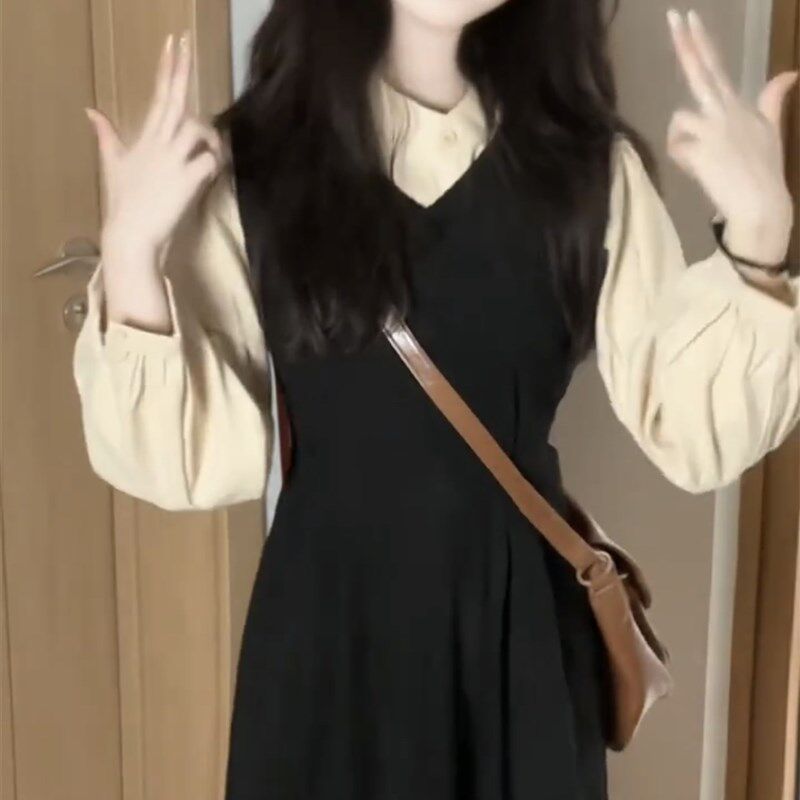 微胖MM法式复古背带连衣裙套装秋季衬衫上衣设计感气质收腰中长裙