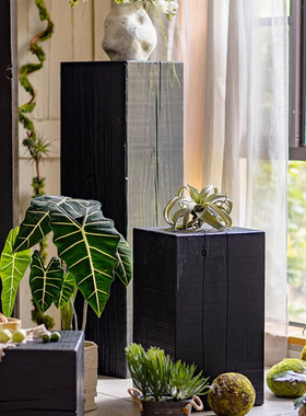 侘寂风实木方形黑色木墩仿古置物台花架软装展示台民宿装饰摆饰