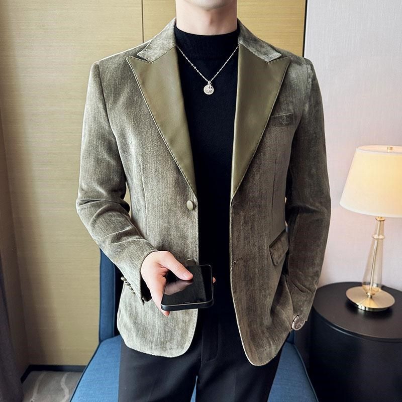 秋冬季男式拼皮时尚单西外套加大码撞色高奢小西装高级感宴会礼服