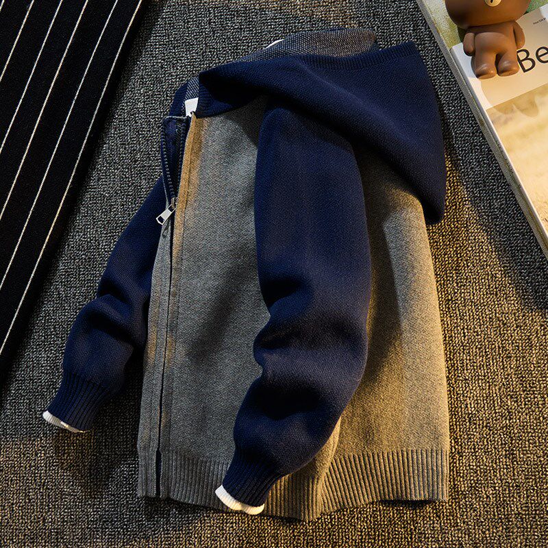 男童纯棉连帽拉链开衫外套2024春秋款新款儿童外搭男孩针织衫毛衣