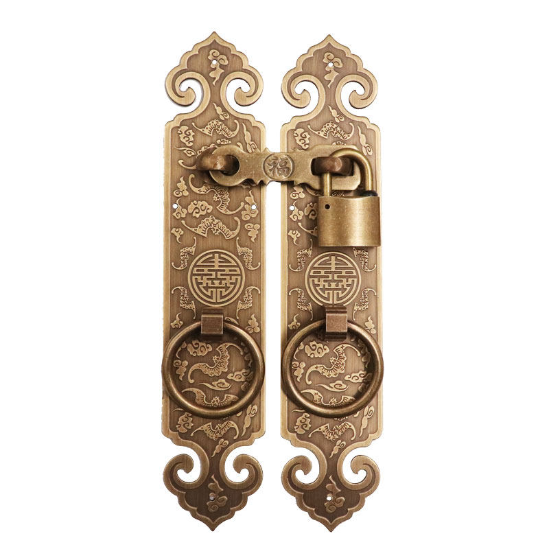 中式仿古纯铜门锁加厚大门拉手花格门雕花门把手拉环锁扣带锁民宿