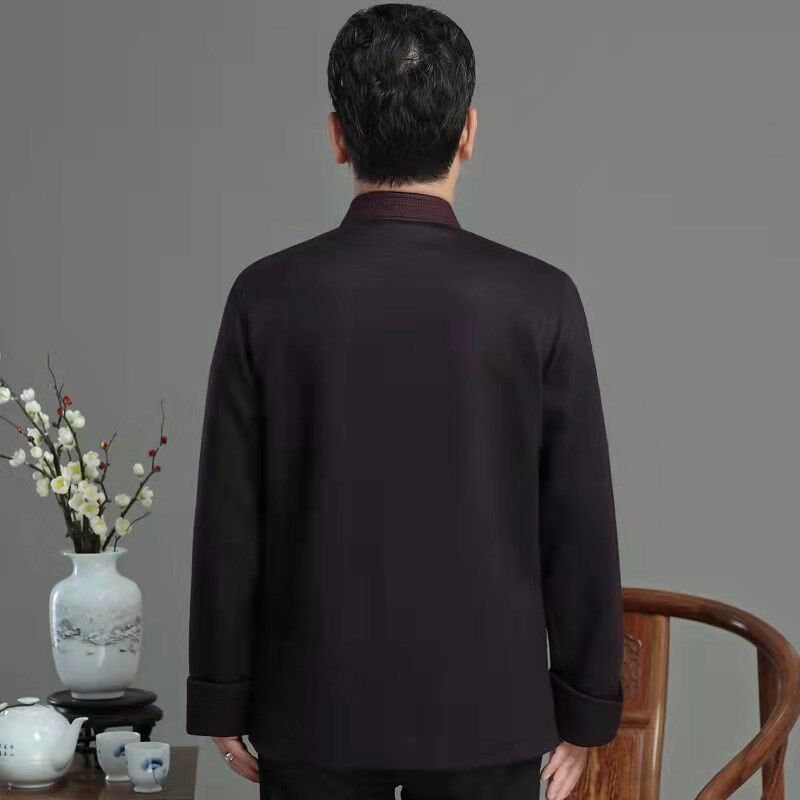 唐装男中老年羊毛汉服秋冬季中国风爸爸装长袖上衣爷爷装祝寿外套