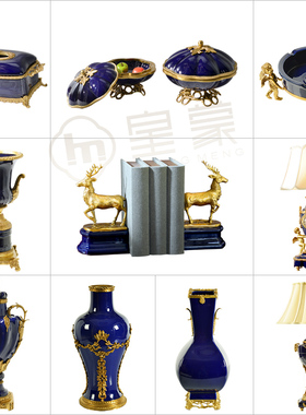 欧式创意陶瓷配铜宝蓝色家居饰品花插美式客厅电视柜玄关果盘摆件