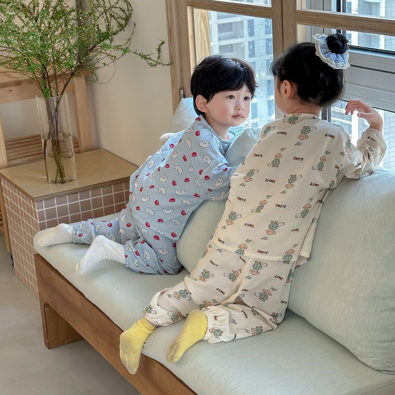 儿童纯棉双层纱布睡衣夏季薄款男女童家居服套装宝宝透气空调服