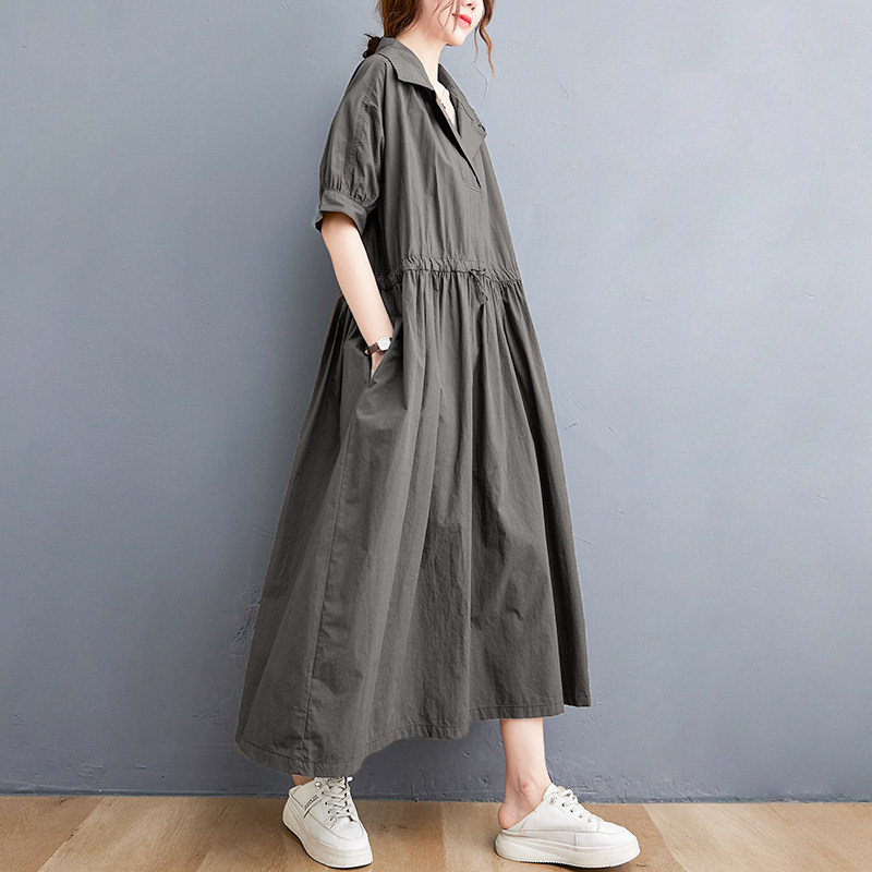 大码宽松文艺短袖连衣裙女夏季西装领设计抽绳收腰显瘦工装裙子潮