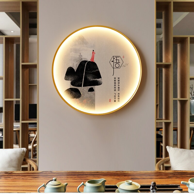 网红水墨背景墙 茶室圆形挂画宣言带灯挂画玄关LED墙画发光创意装