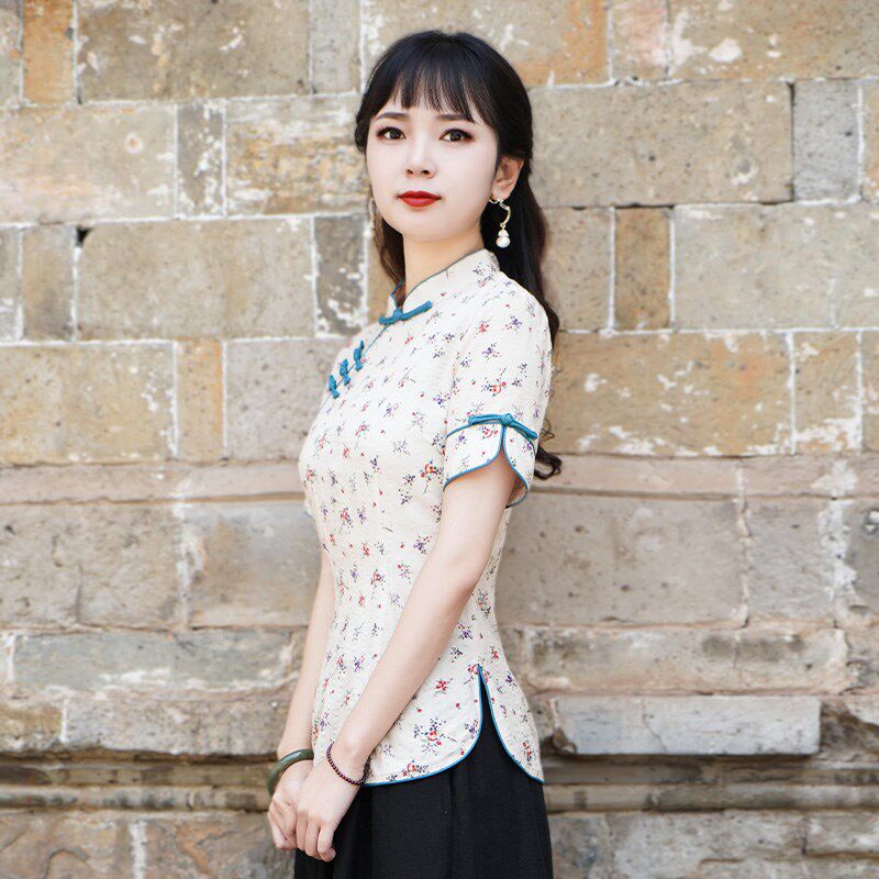 筠雅唐装女中国风夏季短袖改良旗袍上衣素衣碎花薄款中式禅意女装
