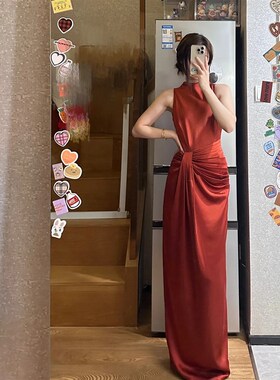 新中式晨袍女新娘无袖旗袍敬酒服红色订婚礼服裙夏结婚便装出阁宴