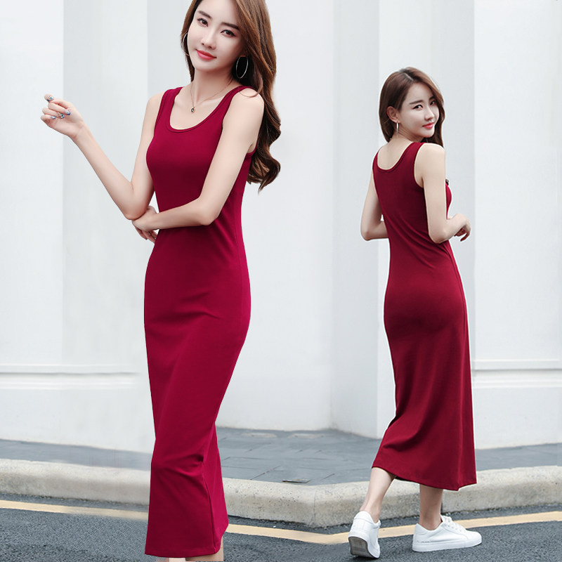 超长款裙子到脚踝的吊带连身裙女秋冬无袖打底黑色背心连衣裙夏季