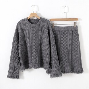 时髦韩国女装流苏针织两件套装秋冬新款高级感洋气毛衣半身裙加厚