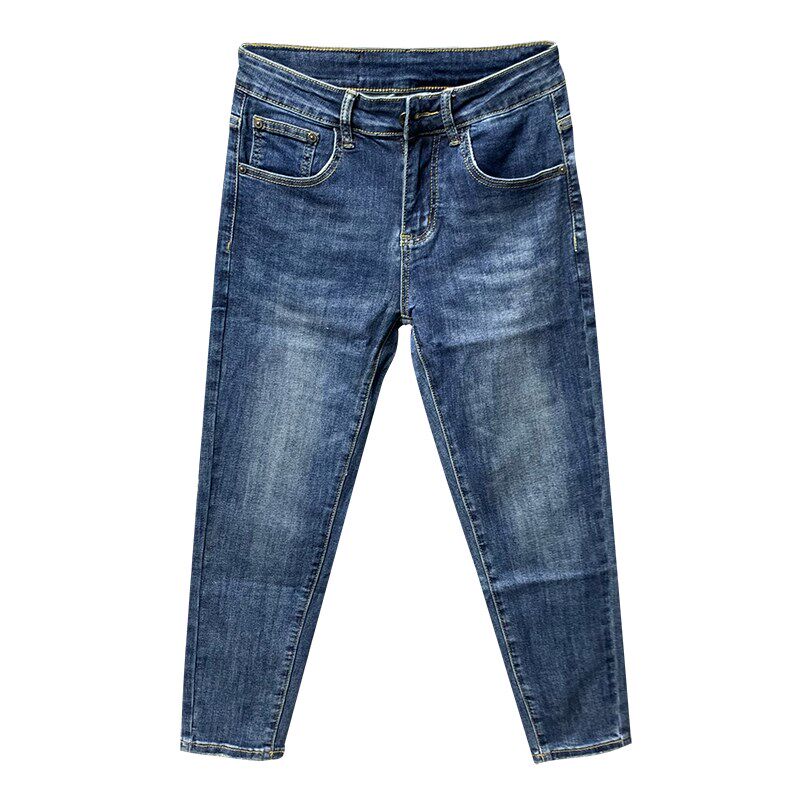 男士薄款牛仔裤夏季新款水洗蓝色修身百搭弹力休闲时尚小脚九分裤