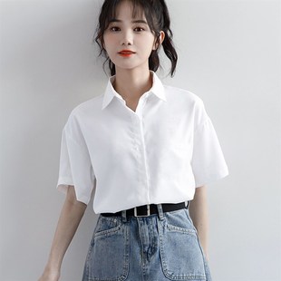 2023年新款 夏简约POLO领盐系百搭衬衣学生 雪纺抗皱黑色衬衫 女短袖