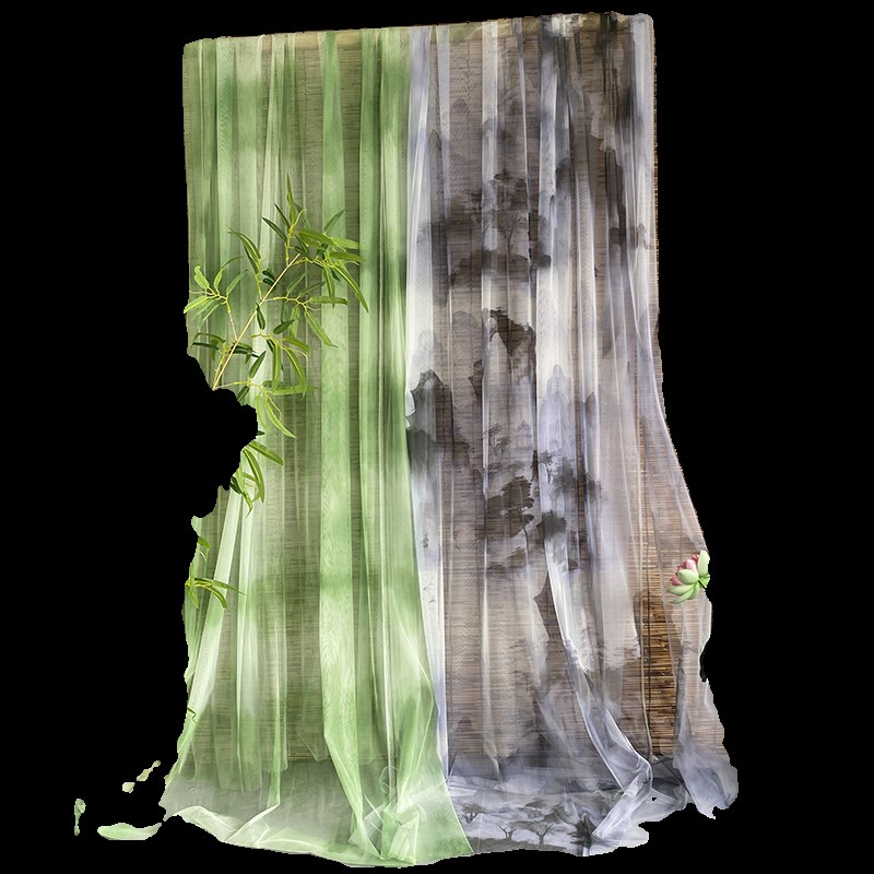 新中式水墨山水画纱幔半透明布料商场美陈中式婚礼婚庆装饰布幔