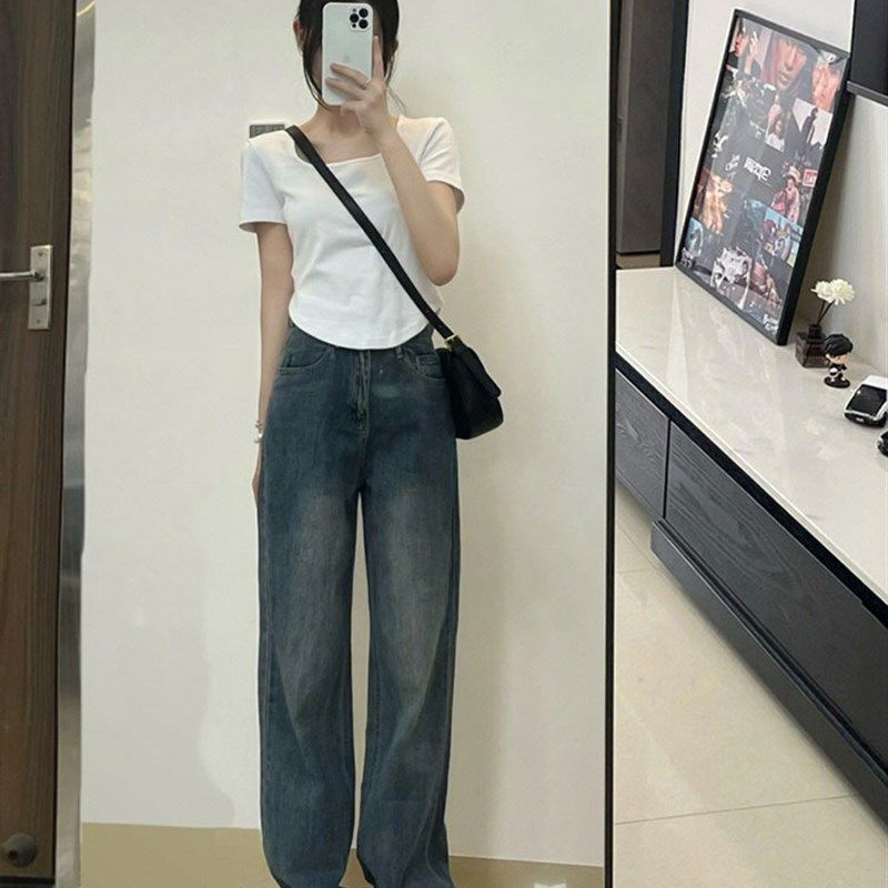 复古蓝牛仔裤女春季窄版大码胖mm高腰宽松显瘦梨形身材阔腿直筒裤,女装/女士精品,牛仔裤,淘宝优惠券,粉丝福利购,淘宝优惠卷