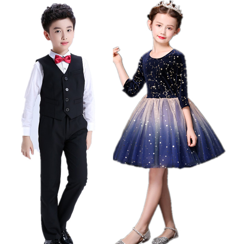 元旦儿童演出服男女大合唱表演服中学生诗歌朗诵主持礼服纱裙长款