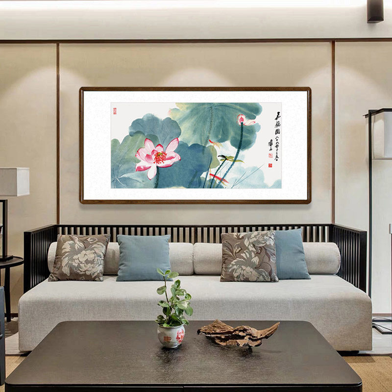 国画荷花有框新中式客厅背景墙装饰画书房办公室挂画张大千嘉藕图