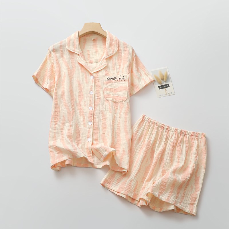 条纹睡衣男女短袖短裤纯棉纱薄款开衫水洗绉布情侣家居服套装外穿