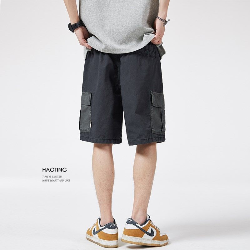 豪霆.多口袋工装短裤男士夏季宽松直筒松紧腰休闲五分裤复古中裤
