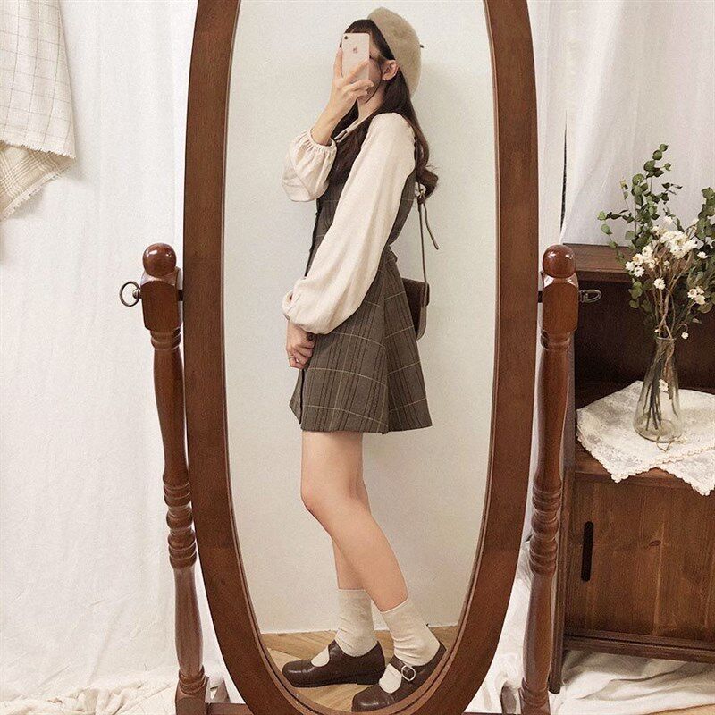 秋季新甜妹小个子套装洋气杏色长袖衬衫短款格子背心连衣裙两件套