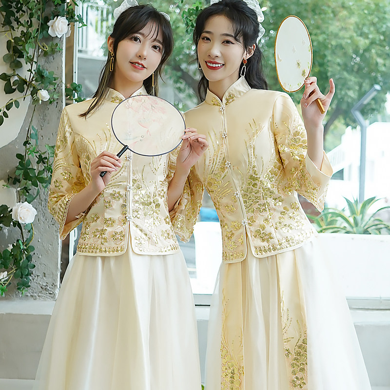 伴娘服中式中国风2021新款冬季结婚灰色闺蜜装伴娘团姐妹裙礼服女