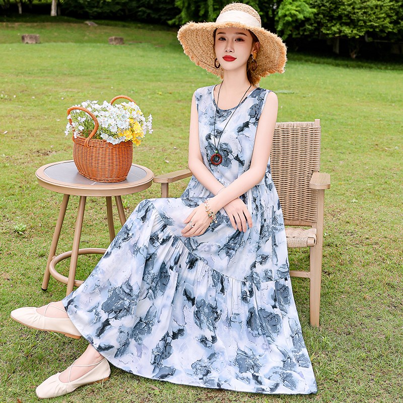 2024新款夏季棉绸连衣裙女大码显瘦妈妈装长裙宽松遮肚子大摆裙子