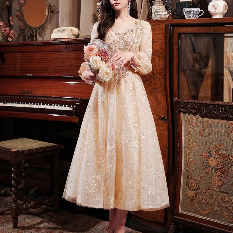 大码胖mm200斤香槟色晚礼服女宴会气质显瘦仙伴娘服连衣裙小个子