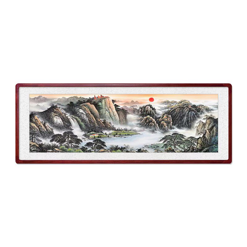 手绘旭日东升国画山水画客厅挂画新中式沙发背景墙办公室聚财壁画