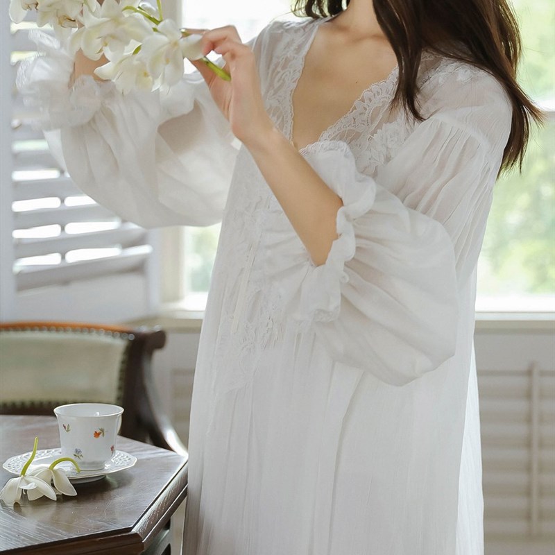 甜美可爱公主风睡裙女纯棉春秋季宫廷法式全棉睡衣新款家居服长裙