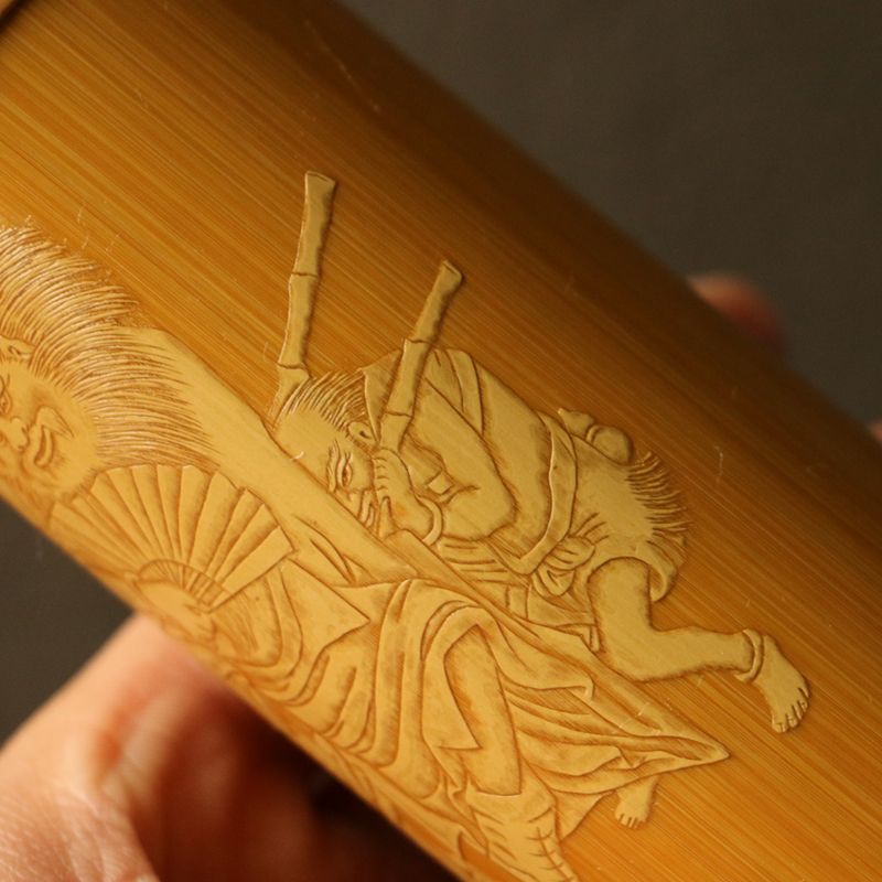 精品名家裘立钢纯手工留青雕刻钟馗图玉竹茶叶罐竹雕茶仓茶筒