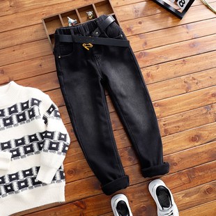 男童黑色瘦版加绒牛仔裤儿童冬款加厚长裤小脚裤中大童一体绒裤子