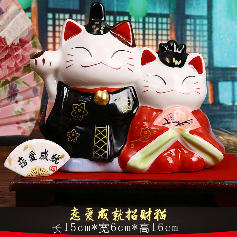 招财猫摆件 同心连理情侣猫婚庆创意结婚礼物陶瓷存钱储钱罐