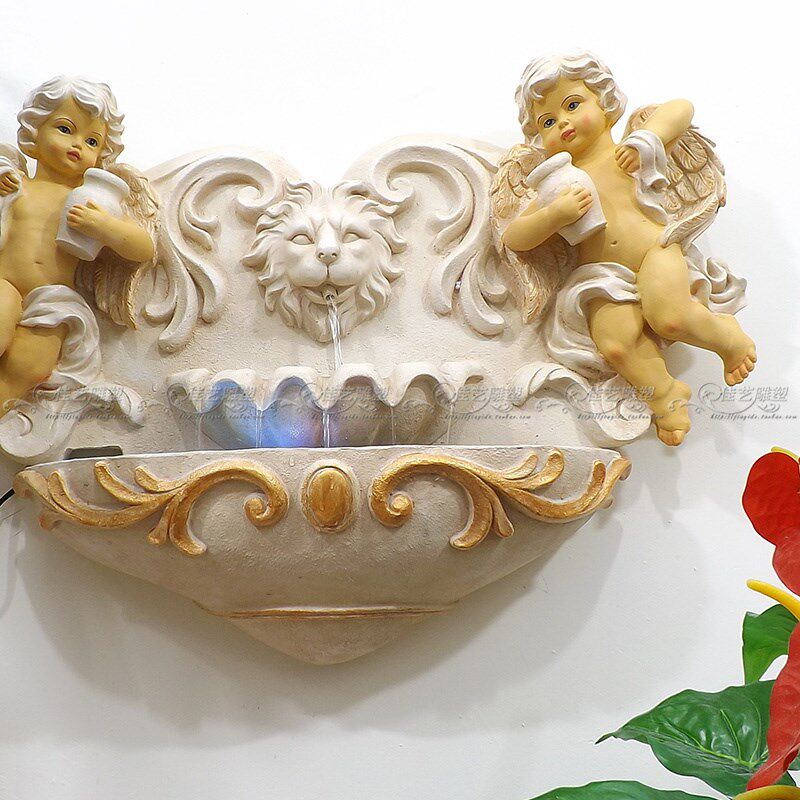 欧式墙壁装饰品小天使挂饰花蓝浮雕壁挂欧式流水喷泉喷水池加湿器