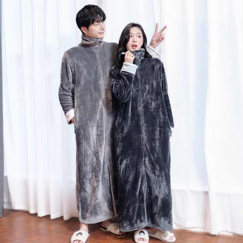睡裙女秋冬长款珊瑚绒连体睡衣男大码浴袍2022新款法兰绒拉链睡袍