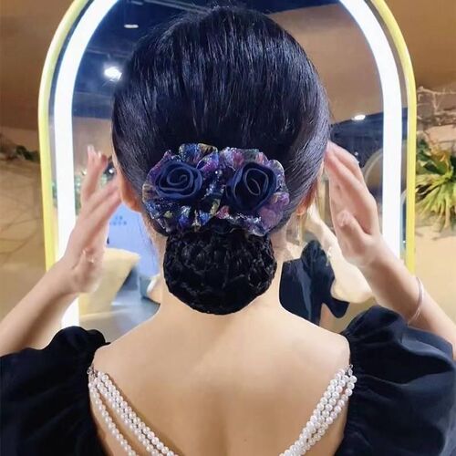 玫瑰双花发网弹簧发夹女高档气质后脑勺丸子头盘发卡网兜中年头花