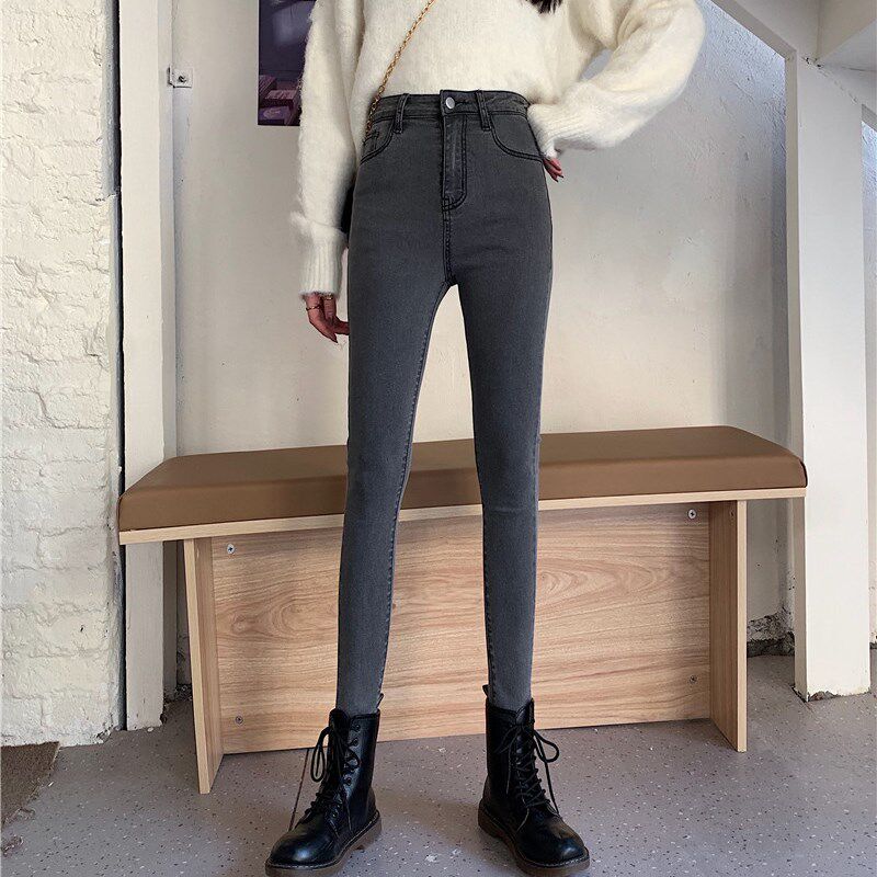 加绒加厚薄款新破洞牛仔裤女高腰紧身修身弹力显瘦直筒九分小脚裤