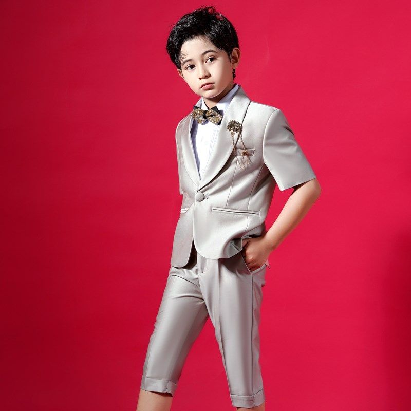 男童西服夏季短袖薄款走秀表演服生日小西装男孩主持人钢琴演出服