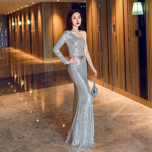 连衣裙女高级感晚礼服红色亮闪主持人舞台颁奖礼仪小姐晚装晚礼服