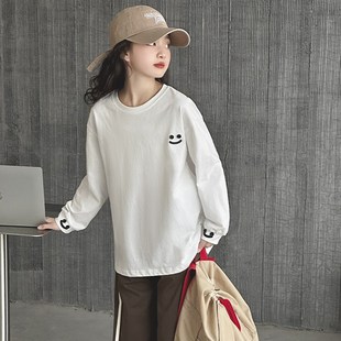 新款 T恤2024春装 百搭洋气中大童纯棉简约白色上衣T 长袖 女童打底衫