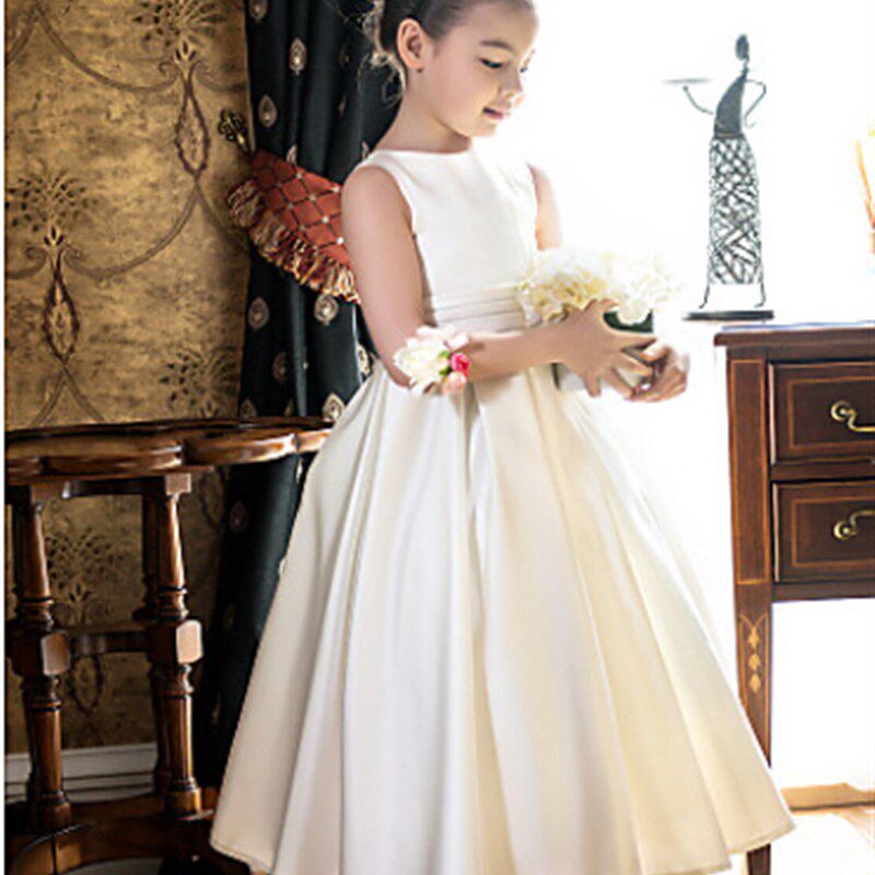 高档儿童白色简单典雅婚纱礼服公主裙少女中大童小提琴钢琴演出服