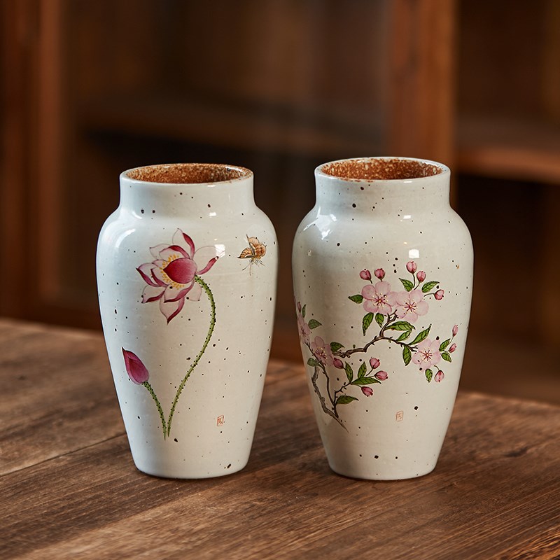景德镇手工手绘海棠花 荷花粗陶复古陶艺花瓶水培花器陶瓷摆件