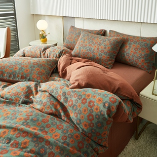 A类母婴级裸睡柔软床上用品4 复古轻奢色织全棉双层纱布四件套四季