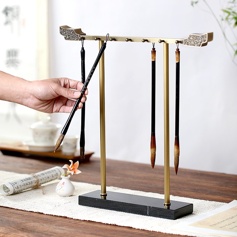 黄铜大理石创意艺术毛笔架文房四宝书法用具书房中式摆件长辈礼物