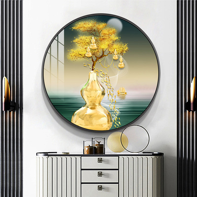 五福临门 新中式玄关装饰画圆形葫芦挂画轻奢风大气走廊过道壁画