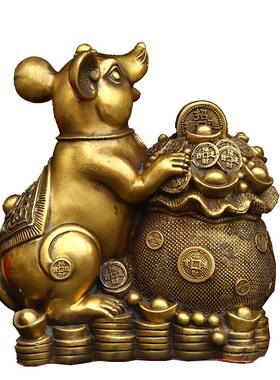 黄铜老鼠摆件纯铜聚宝盆鼠生肖鼠元宝福禄鼠五鼠运财客厅桌面装饰