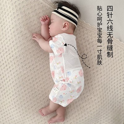 婴儿夏天衣服纯棉a类透气网眼睡衣新生儿宝宝夏季薄款短袖连体衣