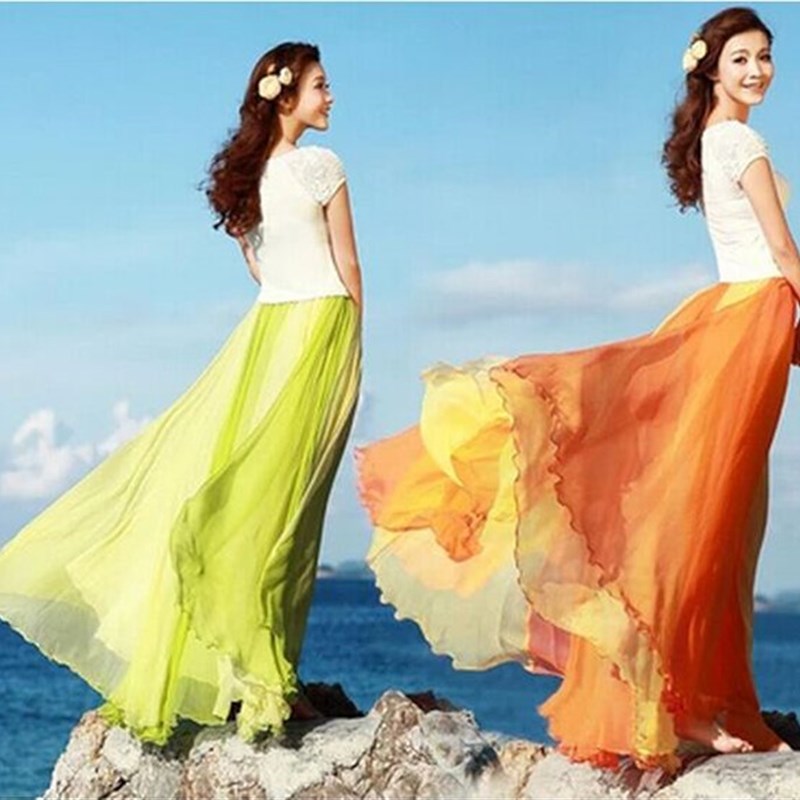 雪纺连衣裙春夏网纱裙大码两穿飘逸大摆百褶长裙广场舞裙子半身裙