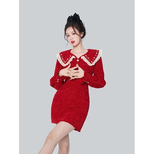 新款 蕾丝拼接红色娃娃领连衣裙秋冬季 收腰针织裙子甜美年会战袍女