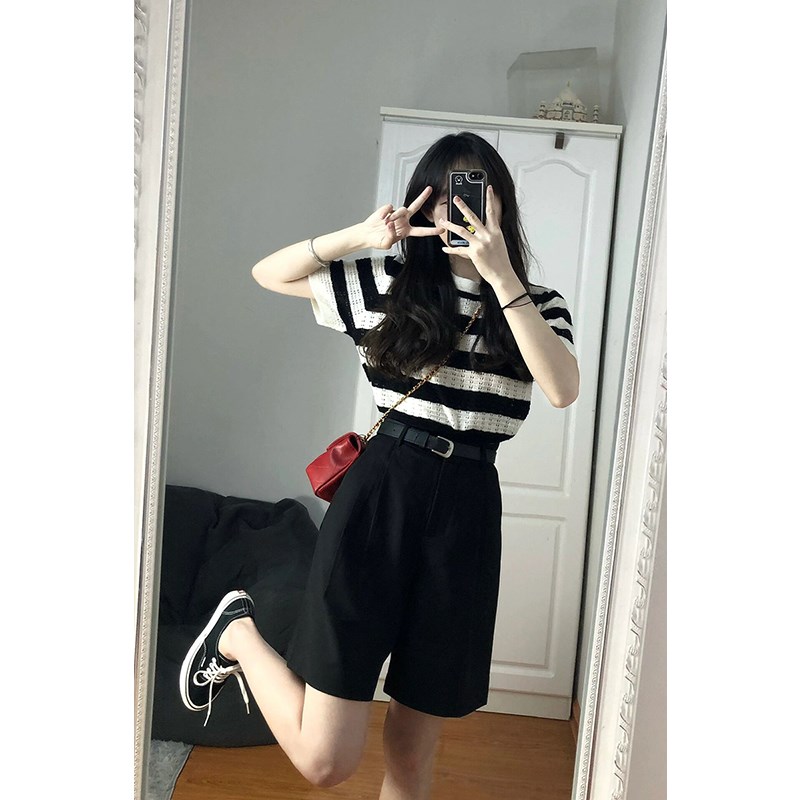 黑色直筒西装短裤女高腰夏季薄款大码胖mm宽松显瘦阔腿五分裤子潮